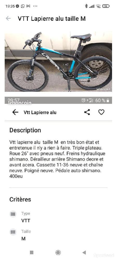 Vélo tout terrain - VTT - VTT Lapierre alu taille M - photo 1