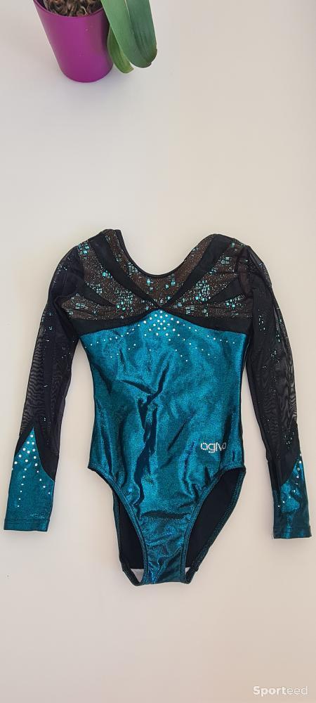 Gymnastique - Justaucorps agiva avec manche tissu brillant bleu turquoise-noir - photo 2