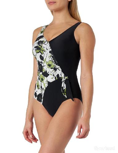 MAILLOT 1 PIÈCE EMBOITANT, NOIR ET MOTIF FLORAL, NŒUD SUR COTÉ