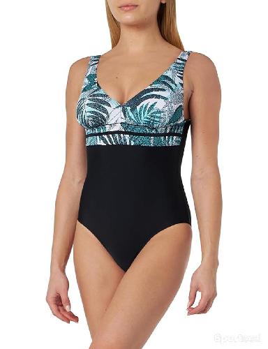 MAILLOT 1 PIÈCE EMBOITANT, UNI NOIR, IMPRIMÉ FEUILLAGE VERT SUR POITRINE