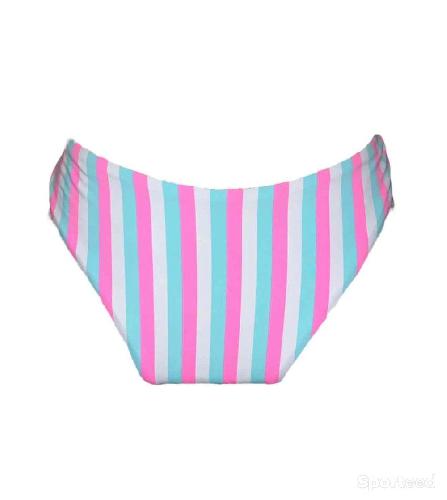 Natation - Bas maillot de bain à bandes blanche, bleu ciel et rose fluo coupe brésilienne Ardène Swim - photo 3