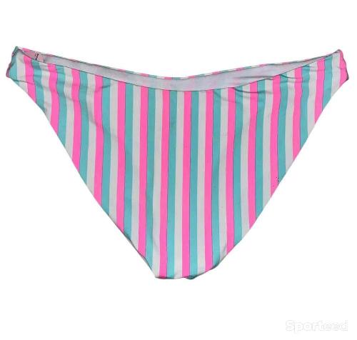 Natation - Bas maillot de bain à bandes blanche, bleu ciel et rose fluo coupe brésilienne Ardène Swim - photo 3